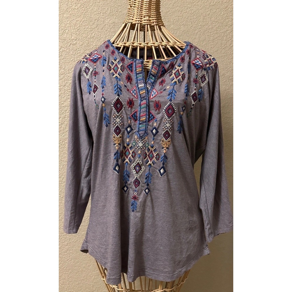 Johnny Was XS Grey Multicolored Embroidered Floral Tunic Top Peasant Boho